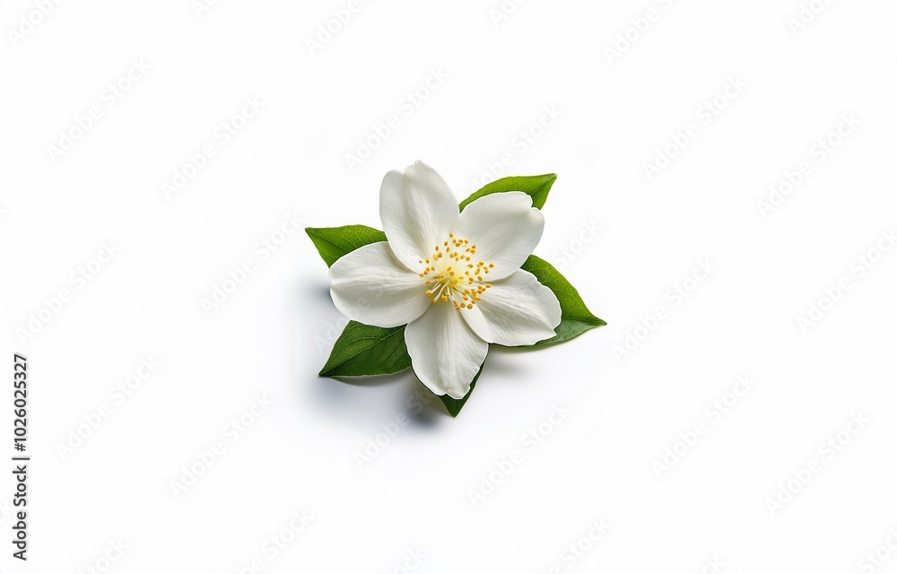 A single white flower with yellow center and green leaves on a white background. A single white flower with yellow center and green leaves on a white background.