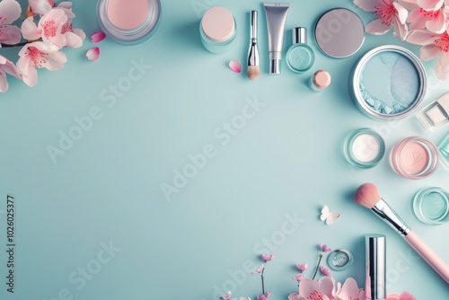 Beauty products arranged elegantly on a light blue background with delicate flowers photo