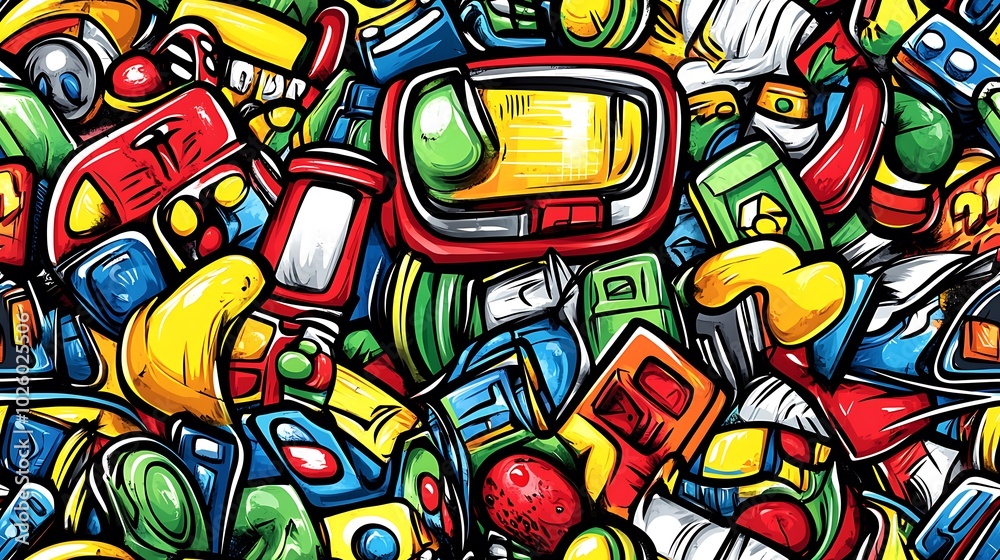 Fototapeta premium A nostalgic retro gaming doodle pattern featuring CRT monitors, arcade tokens, pixel art characters, and game cartridges, surrounded by bright neon lights and glitch effects, vibrant and fun,