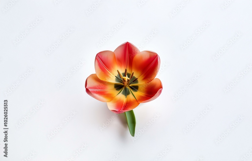 Naklejka premium A single tulip with red and yellow petals and a green stem sits against a white background.