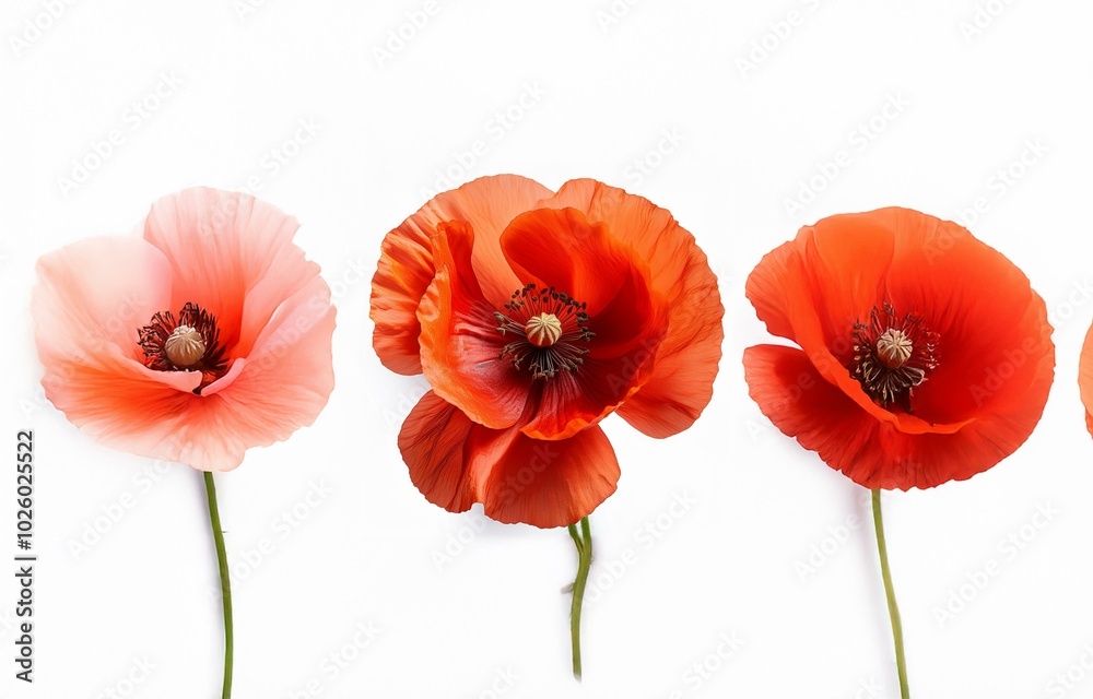Obraz premium Three poppy flowers in a row, the leftmost flower is light pink, the center flower is orange, and the rightmost flower is red.