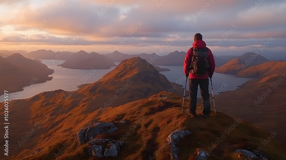 Fototapeta premium Lone Hiker at Sunrise Over Scenic Mountain Landscape