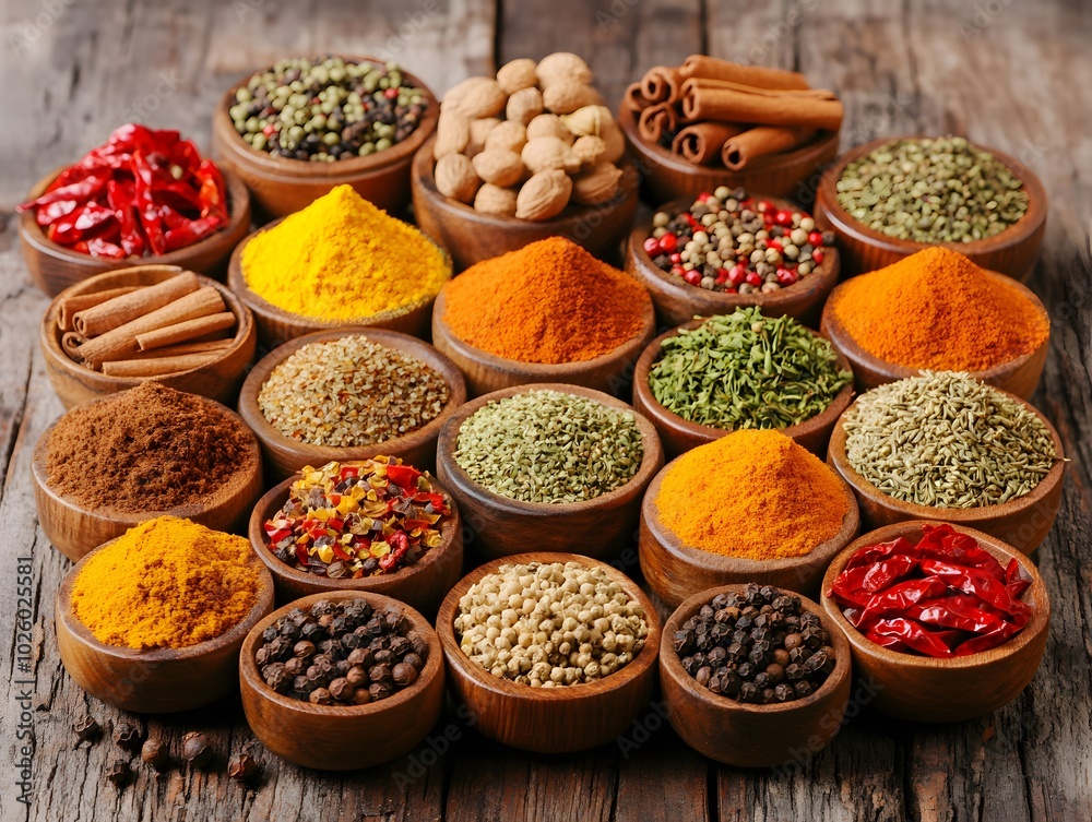 Assortment of Spices in Wooden Bowls on Rustic Table Assortment of Spices in Wooden Bowls on Rustic Table