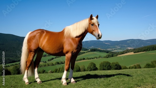 Beautiful Haflinger horse looking towards the left, showcasing its strong, elegant build. Ideal for equestrian photography, breed identification, or horse-related digital designs