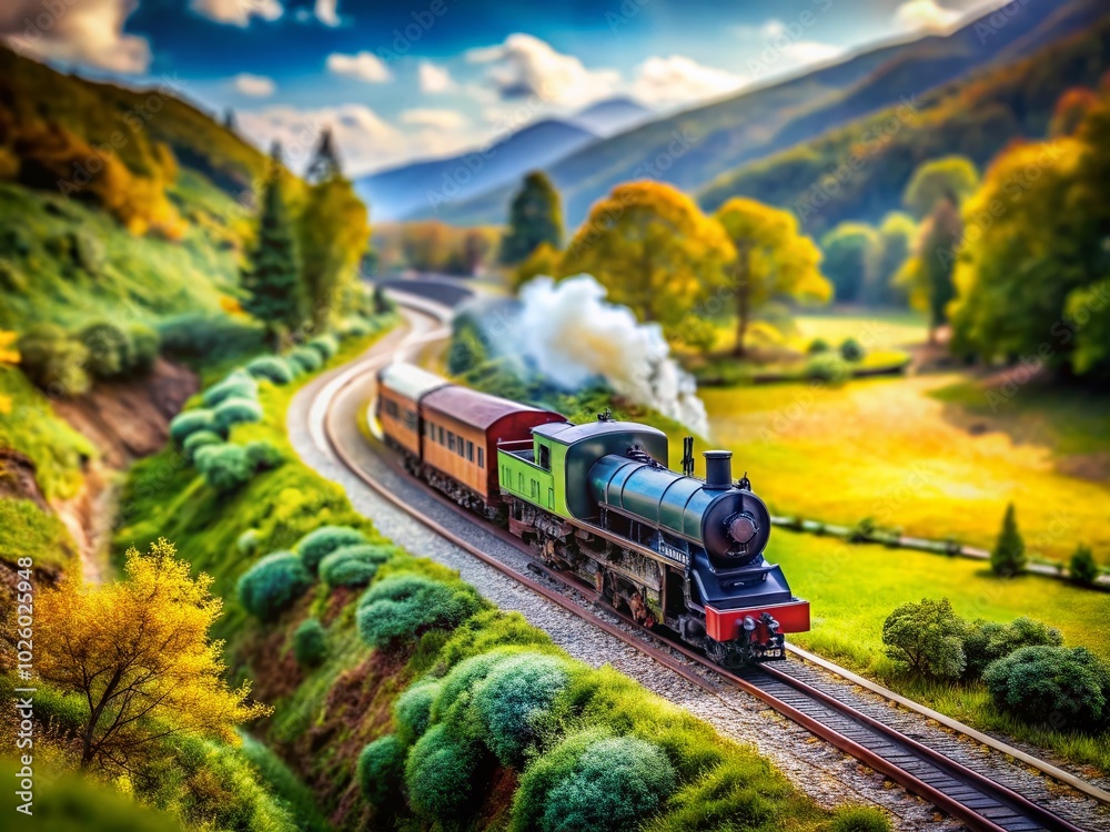 Naklejka premium Tilt-Shift Photography of a Vintage Steam Card in a Scenic Landscape