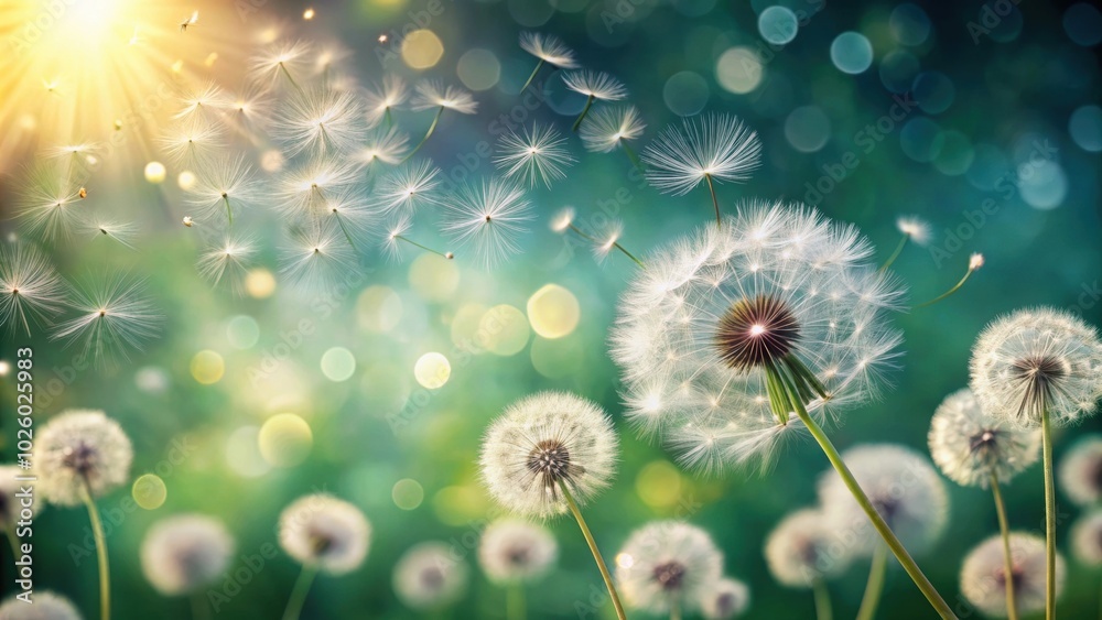 Abstract blurred nature background with dandelion seeds parachuting down, creating a bokeh pattern , Dandelion, Seeds Abstract blurred nature background with dandelion seeds parachuting down, creating a bokeh pattern , Dandelion, Seeds