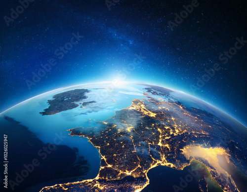 A breathtaking view of Earth at night showcasing glowing city lights and wispy clouds from space