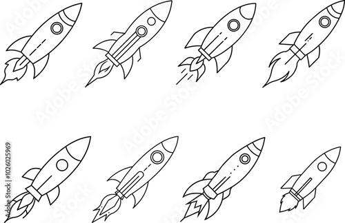 Set of Line Art Rocket Ship Illustrations