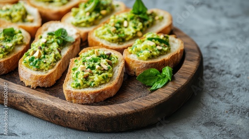 Elegant Wooden Tray Displaying Fresh Slices of Bread Accompanied by Pistachio Spread for Gourmet Aesthetics