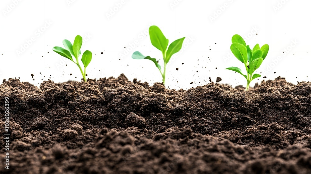 Three small green sprouts push through rich soil. Three small green sprouts push through rich soil.