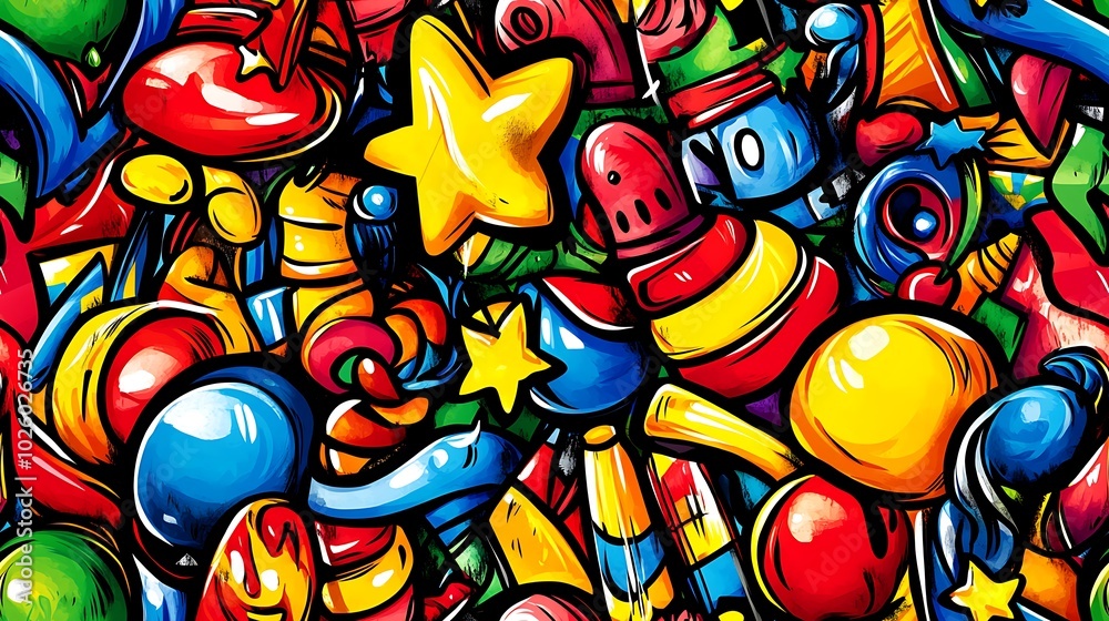 A playful festive doodle pattern filled with piñatas, maracas, confetti, and party hats, surrounded by vibrant balloons, stars, and swirling streamers, set against a bright and cheerful background,