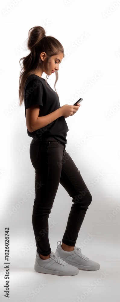 Fototapeta premium Full body side profile of young woman using smartphone against a white background