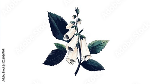 White Flower on Branch with Green Leaves