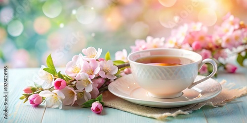 of a cozy cup of tea with spring flowers in soft pastel colors , floral, tea, cup, spring, flowers,pastel, cozy, floristry