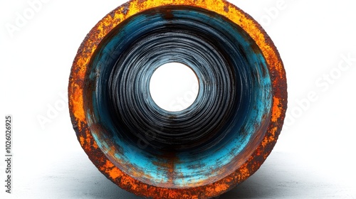 Close-up of a rusted pipe showcasing vivid colors and textures in an industrial setting. photo