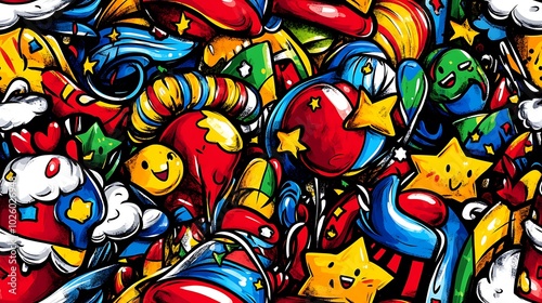 Wallpaper Mural A playful festive fiesta doodle pattern featuring piñatas, maracas, confetti, and stars, with swirling streamers, party hats, and balloons, set against a lively and cheerful background, vivid colors, Torontodigital.ca