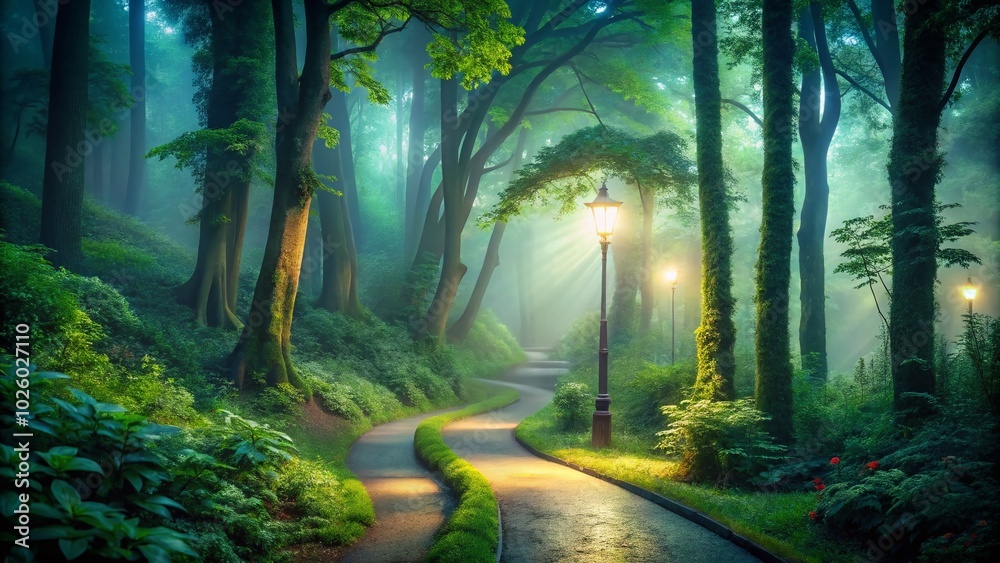 Fototapeta premium Tranquil Forest Pathway in Soft Cool Light - Serene Landscape Photography