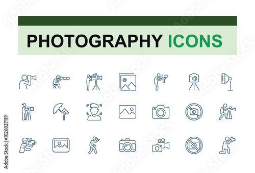 Photography and videography related line icons. Contains such icons as camera, photo, picture, image Gallery. Vector illustration in thin line modern style.