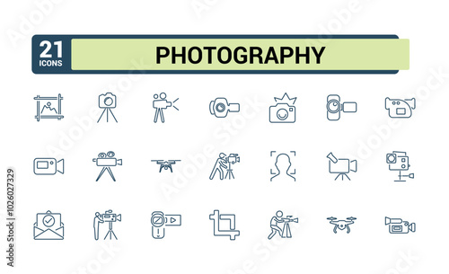 Photography and videography related line icons. Contains such icons as camera, photo, picture, image Gallery. Vector illustration in thin line modern style.
