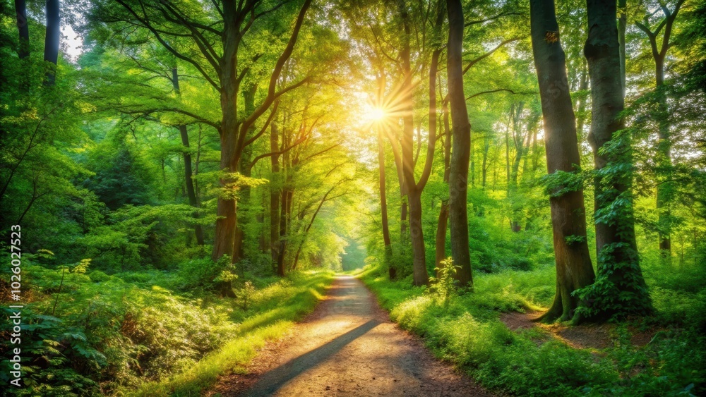Fototapeta premium Sunlit forest path with lush greenery, a tranquil setting for nature lovers and hikers, forest, path, sunlit, greenery, lush