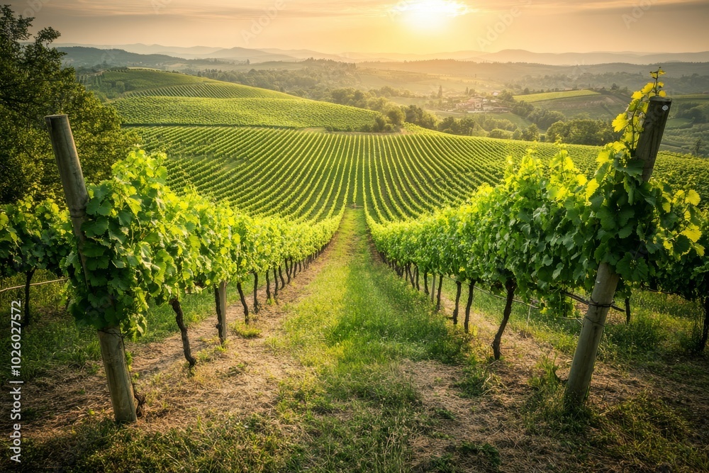 Naklejka premium Golden Sunrise Illuminating a Lush Vineyard Landscape, Symbolizing the Start of a New Day with Copy Space