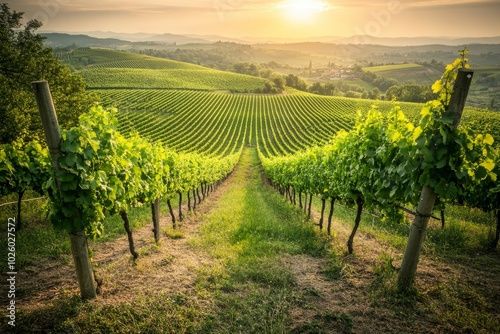 Golden Sunrise Illuminating a Lush Vineyard Landscape, Symbolizing the Start of a New Day with Copy Space