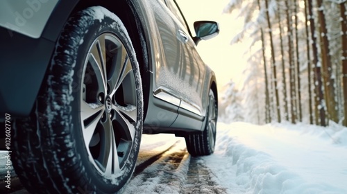 Car tire in a snowy forest