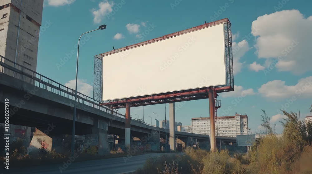 A large blank billboard stands beside a highway, surrounded by urban structures and vegetation under a blue sky with scattered clouds. A large blank billboard stands beside a highway, surrounded by urban structures and vegetation under a blue sky with scattered clouds.