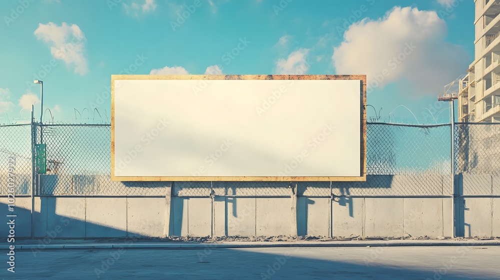 Obraz premium A vacant billboard stands against a clear blue sky and modern buildings, conveying a sense of potential and urban landscape.