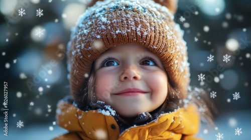 A young girl wearing a yellow hat and a yellow coat is smiling in the snow