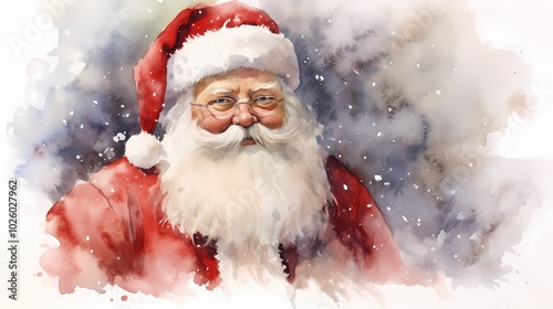 Cheerful Santa Claus in snowy backdrop evokes holiday spirit and warmth.