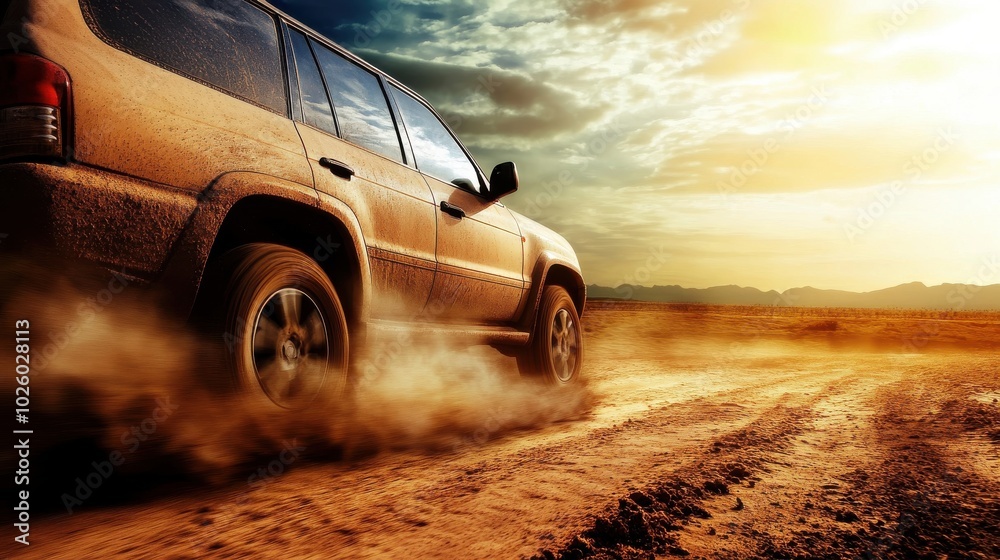 Obraz premium Modified SUV driving off-road at high speed, kicking up dust and dirt, rugged landscape