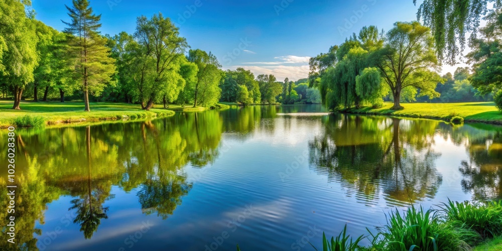 Tranquil lake surrounded by lush greenery in the park, nature, peaceful, serene, scenery, reflection, water, trees, leisure Tranquil lake surrounded by lush greenery in the park, nature, peaceful, serene, scenery, reflection, water, trees, leisure