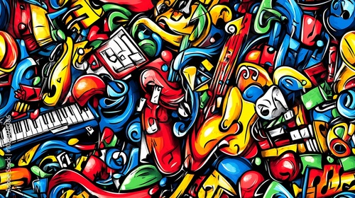 Wallpaper Mural A playful music-themed doodle pattern filled with electric guitars, keyboards, saxophones, and trumpets, surrounded by swirling musical notes and abstract sound waves, set against a neon background, Torontodigital.ca