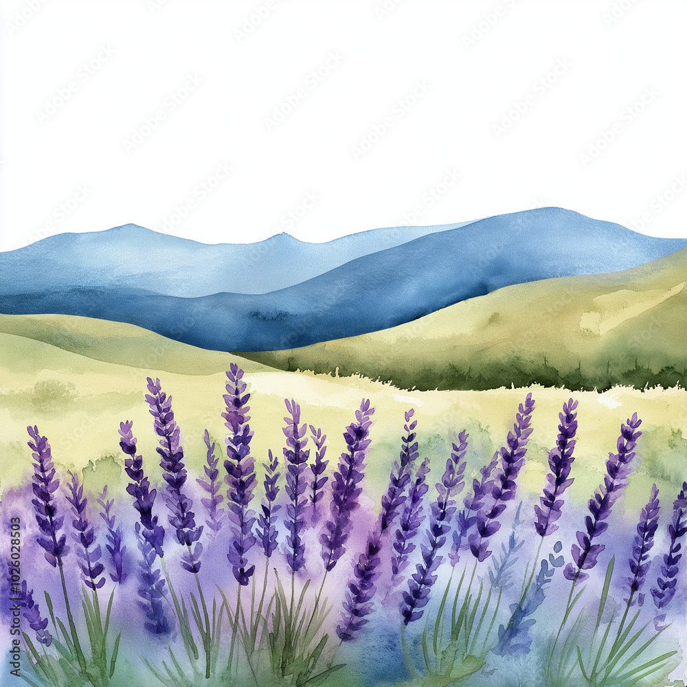 Obraz premium A watercolor landscape of a field of lavender with rolling hills in the background, isolated on white background