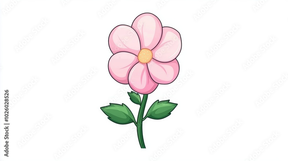 Fototapeta premium Cute Pink Flower with Green Leaves and Simple Design