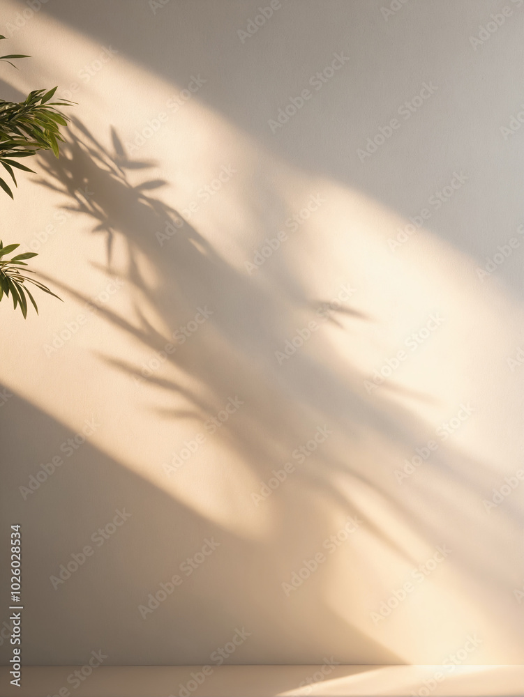 Minimalistic light background with blurred foliage shadow on beige wall