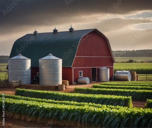 A rural farm equipped with a rainwater harvesting system, featuring large metal water storage tanks beside a traditional red barn. The farm benefits from sustainable water collection to support agricu photo