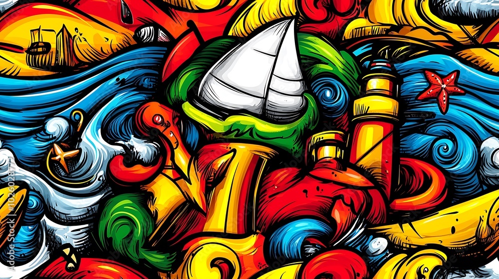 Fototapeta premium A playful nautical adventure doodle pattern featuring sailboats, anchors, and seagulls, with swirling waves, starfish, and lighthouses, set against a bright and lively backdrop, vivid colors,