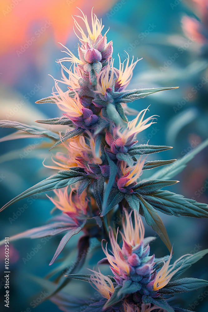 A colorful flower with a purple stem. The flower is surrounded by green leaves. The flower is very colorful and stands out against the blue background A colorful flower with a purple stem. The flower is surrounded by green leaves. The flower is very colorful and stands out against the blue background