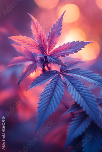 A close up of a purple leaf of a marijuana plant. The leaf is purple and has a pinkish hue