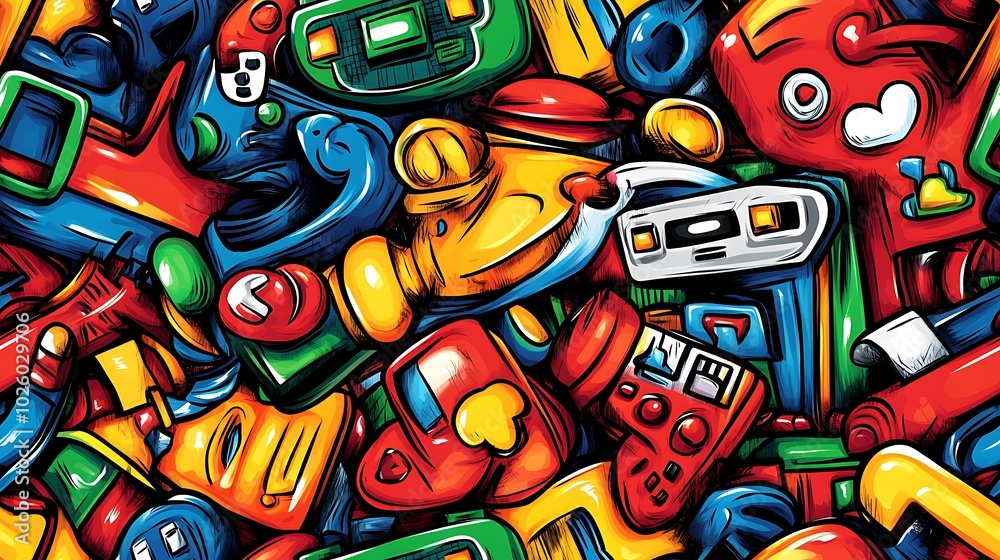 A playful retro gamer doodle pattern filled with vintage arcade machines, game controllers, CRT monitors, and pixel hearts, surrounded by dynamic pixel art effects, coins, and glowing stars, A playful retro gamer doodle pattern filled with vintage arcade machines, game controllers, CRT monitors, and pixel hearts, surrounded by dynamic pixel art effects, coins, and glowing stars,