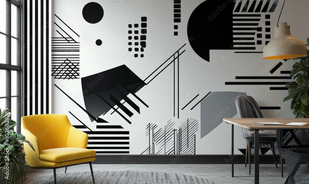 Fototapeta premium Modern room with geometric wall art.