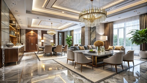 Luxury Dining Room and Living Room with Marble Floors - Elegant Home Interior Design