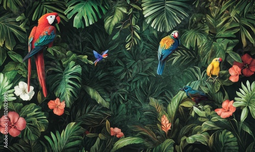 Fototapeta Naklejka Na Ścianę i Meble -  Tropical jungle with colorful parrots and flowers.