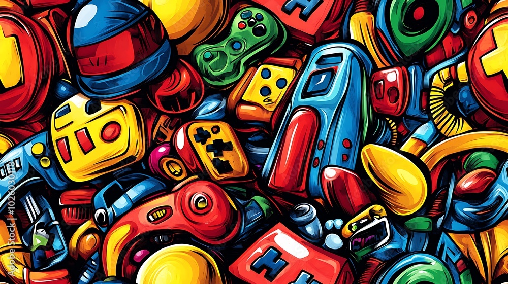 A playful retro gamer doodle pattern filled with vintage arcade machines, pixel art characters, game controllers, and glowing neon accents, set against a glitch art background, bright and energetic, A playful retro gamer doodle pattern filled with vintage arcade machines, pixel art characters, game controllers, and glowing neon accents, set against a glitch art background, bright and energetic,