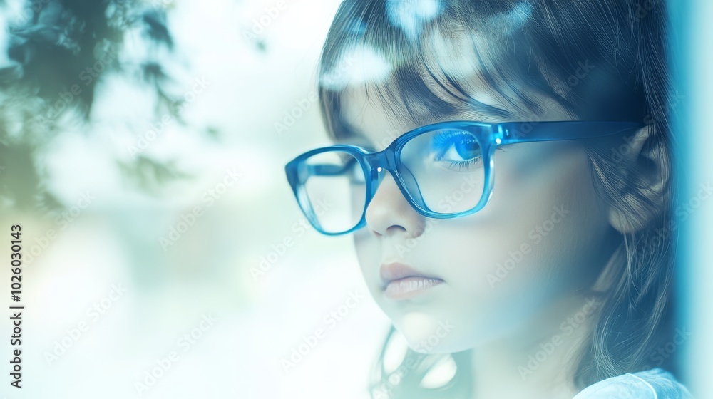 Focused on Nature: Young Child with Blue Glasses Admiring a Distant Tree Focused on Nature: Young Child with Blue Glasses Admiring a Distant Tree