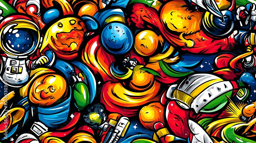 A playful space doodle pattern filled with astronauts, space shuttles, satellites, and comets, set against a bright galaxy background of swirling stars and nebulae, glowing lights and vibrant colors, A playful space doodle pattern filled with astronauts, space shuttles, satellites, and comets, set against a bright galaxy background of swirling stars and nebulae, glowing lights and vibrant colors,