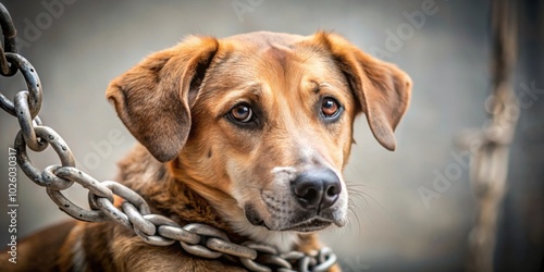 A sad dog chained up in captivity, symbolizing animal cruelty and the need for protection , captivity, chained, sad