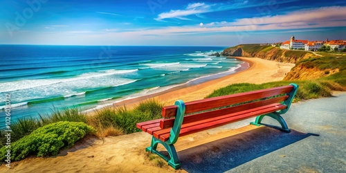 Discover tranquility at the Esmoriz seashore in Ovar, Portugal. This serene bench offers an ideal spot for relaxation and reflection by the beautiful coastline. photo